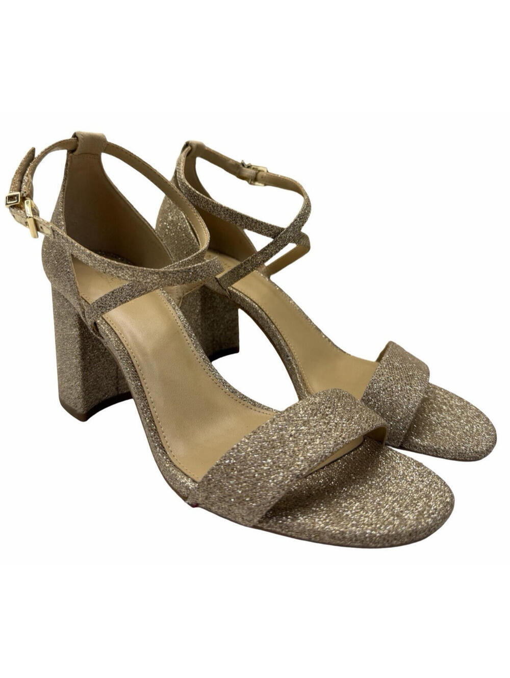 Michael Kors Sophie Flex Mid Block Heel Strappy Sandals Gold Sparkle Size 7.5 M